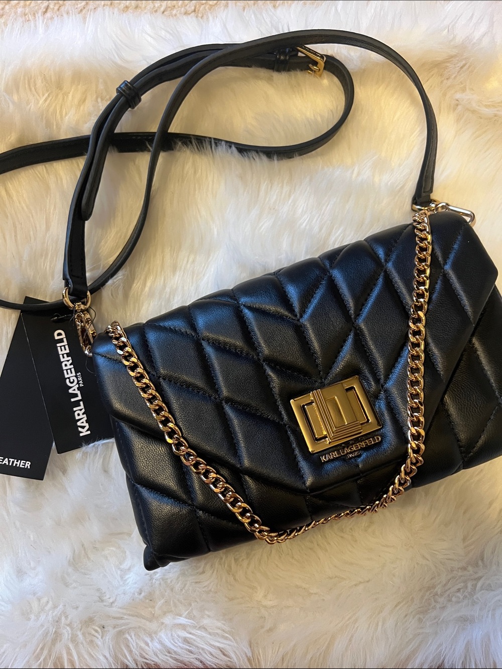 Karl Lagerfeld Black Quilted Crossbody Bag with Gold Chain